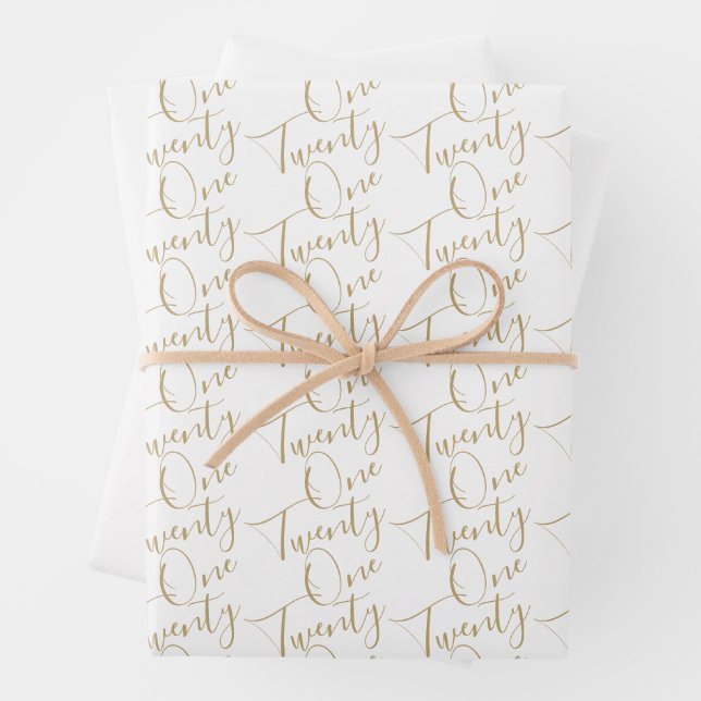 Minimalist Script Black and Gold 21st Birthday Wrapping Paper Sheet (In situ)