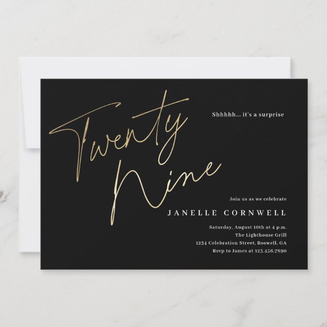 Minimalist Script Black and Gold 29th Birthday Invitation (Front)