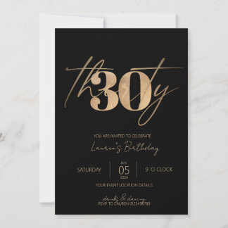 Minimalist Script Black and Gold 30th Birthday Invitation