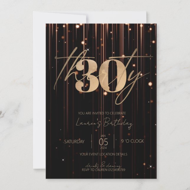 Minimalist Script Black and Gold 30th Birthday Invitation (Front)