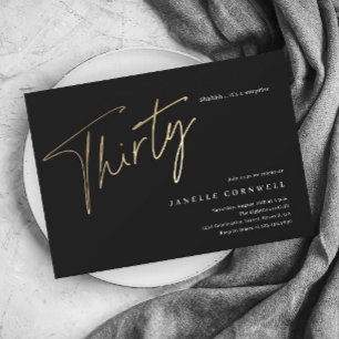 Minimalist Script Black and Gold 30th Birthday Invitation