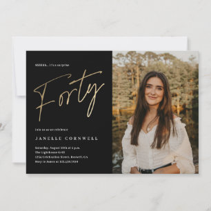 Minimalist Script Black and Gold 40th Birthday Invitation