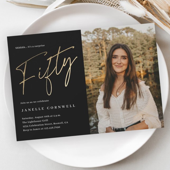 Minimalist Script Black and Gold 50th Birthday Invitation (Modern Script Black and Gold 50th Photo Birthday Party Invitation.)