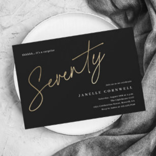 Minimalist Script Black and Gold 70th Birthday Invitation