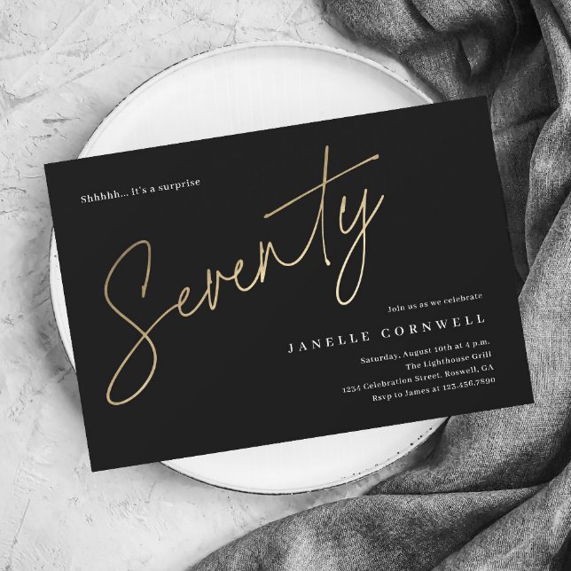 Minimalist Script Black and Gold 70th Birthday Invitation (Modern gold script 70th birthday party invitations.)