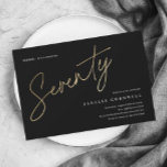 Minimalist Script Black and Gold 70th Birthday Magnetic Invitation<br><div class="desc">Modern minimalist 70th birthday party invitation features stylish faux gold foil number handwritten script Seventy and your party details in classic serif font on black background colour, simple and elegant, great surprise adult milestone birthday invitation for men and women. the black background colour can be changed to any colour of...</div>