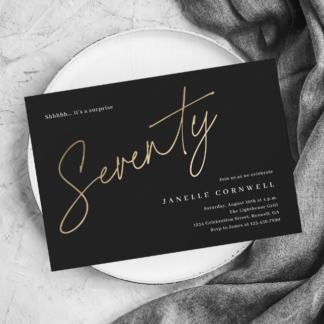Minimalist Script Black and Gold 70th Birthday Magnetic Invitation (Modern gold script 70th birthday party invitation.)