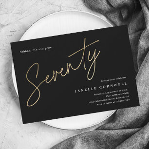 Minimalist Script Black and Gold 70th Birthday Postcard