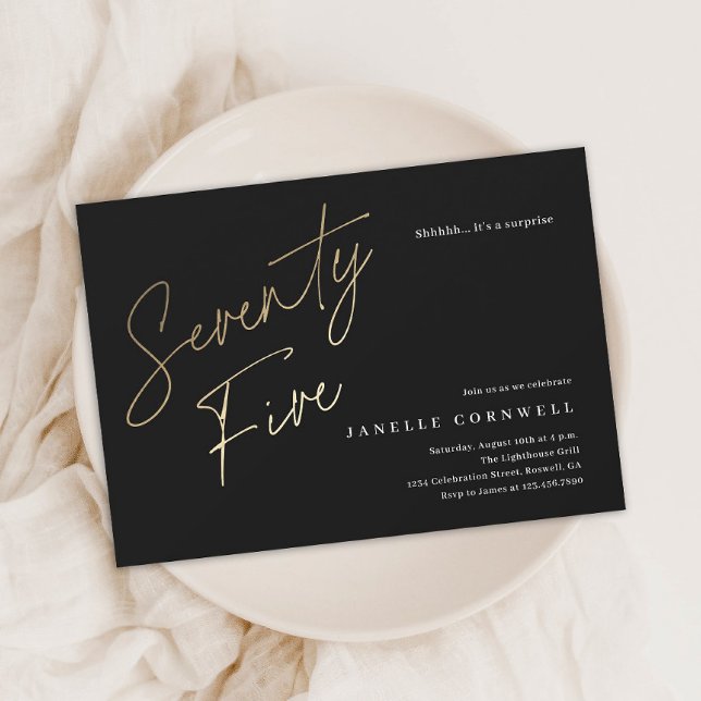 Minimalist Script Black and Gold 75th Birthday Invitation Postcard (Modern gold script 75th birthday party invitation postcards.)