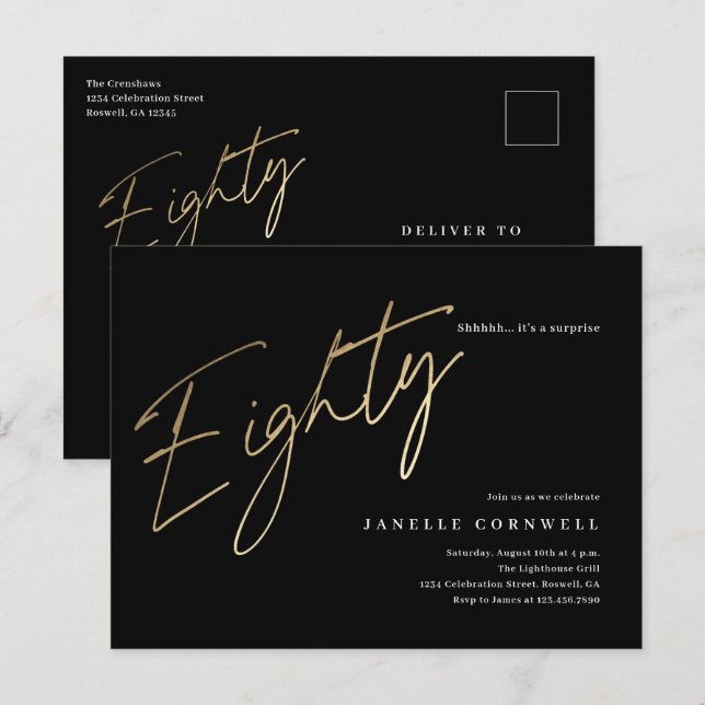 Minimalist Script Black and Gold 80th Birthday Postcard (Front/Back)