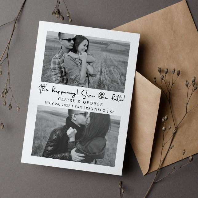 Minimalist Script Black and White 2 Photos Save The Date (Creator Uploaded)