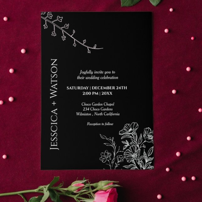 Minimalist script black and white floral wedding  invitation (Creator Uploaded)