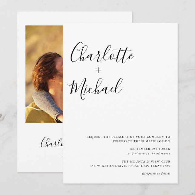Minimalist Script Black And White Photo Wedding Invitation (Front/Back)