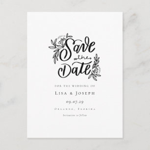 Minimalist Script Black and White Save the Date Postcard