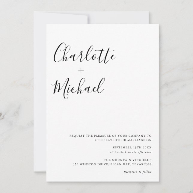 Minimalist Script Black And White Wedding Invitation (Front)