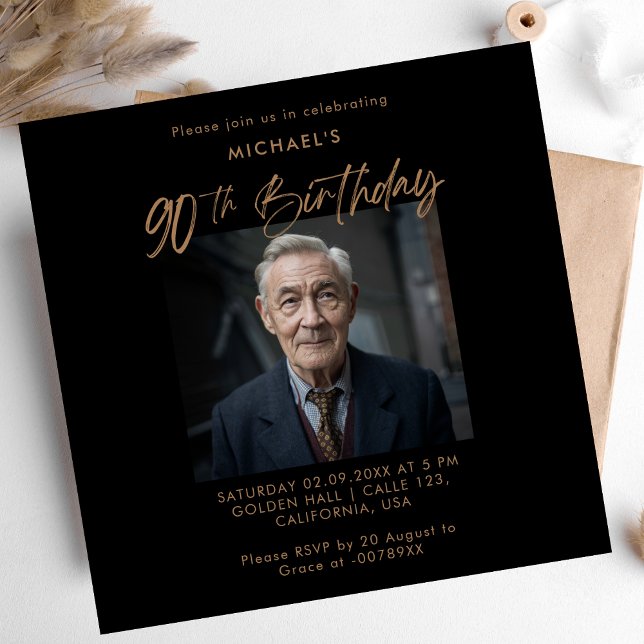 Minimalist Script Black & Gold 90th Photo Birthday Invitation (Creator Uploaded)
