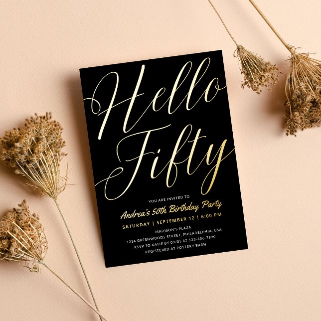 Minimalist Script Black Hello Fifty Birthday Gold (Creator Uploaded)