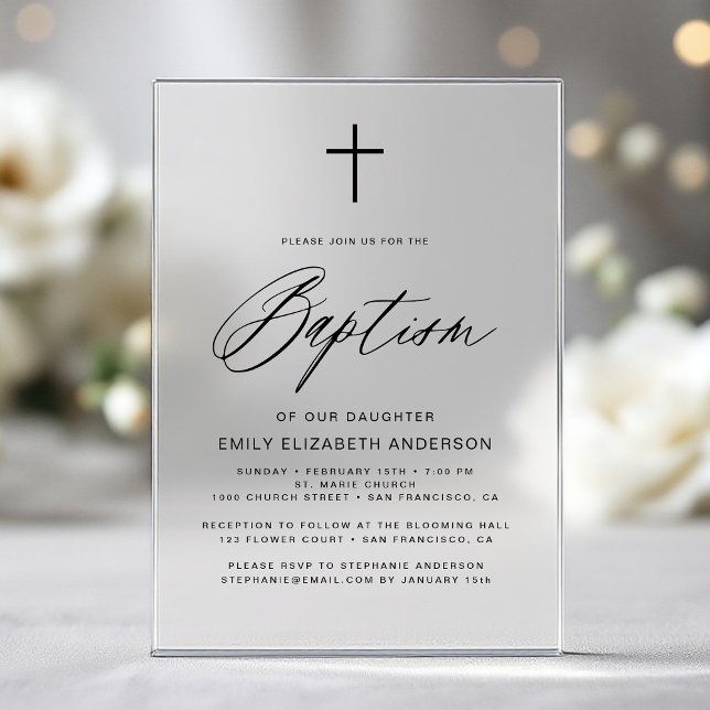 Minimalist Script Black Simple Baptism Acrylic Invitations (Creator Uploaded)