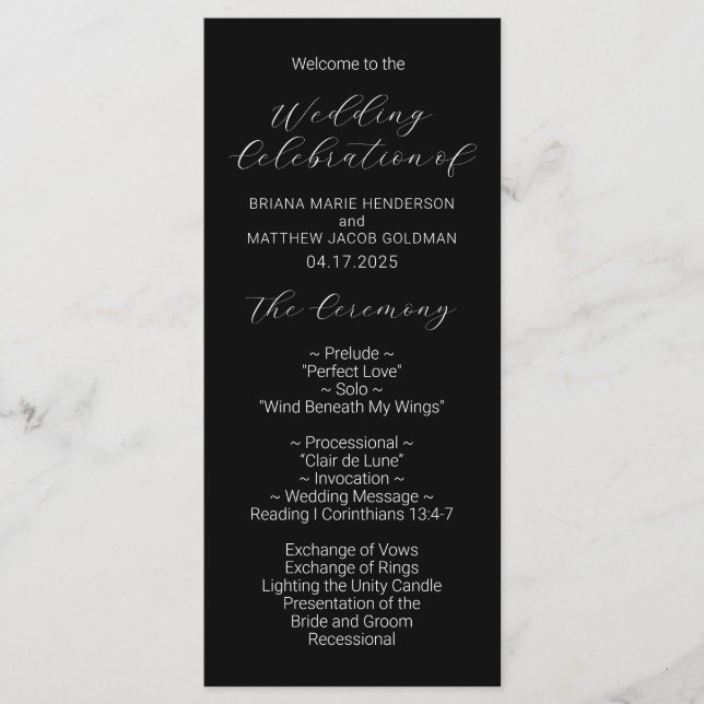 Minimalist Script Black Wedding Program Programme (Front)