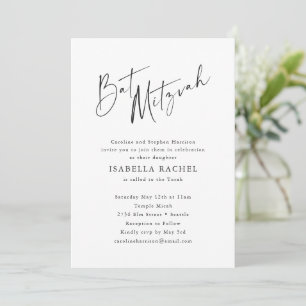 Minimalist Script Black White Modern Bat Mitzvah Invitation