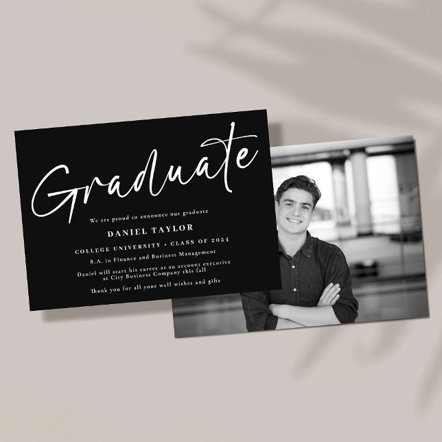 Minimalist Script Black White Photo Graduation Announcement (Creator Uploaded)