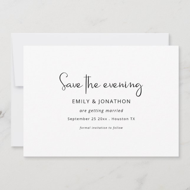 Minimalist Script Black White QR Save The Evening Save The Date (Front)