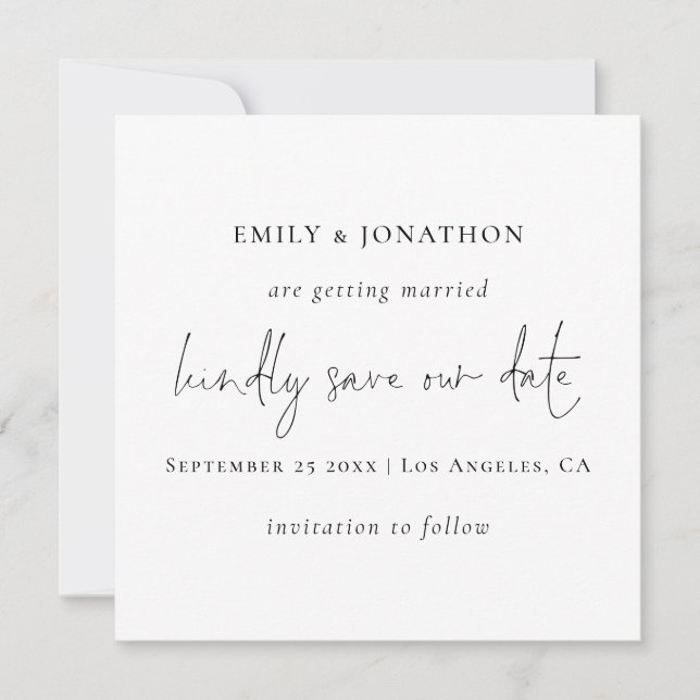 Minimalist Script Black White Save The Date Card (Front)