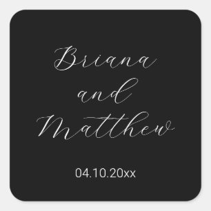 Minimalist Script Black White Wedding Square Sticker