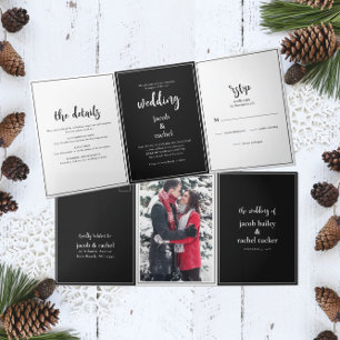 Minimalist Script Black & White Wedding Tri-Fold Invitation