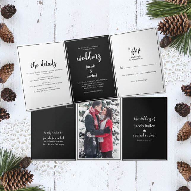 Minimalist Script Black & White Wedding Tri-Fold Invitation (Creator Uploaded)