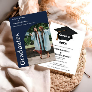 Minimalist script blue navy double graduation announcement