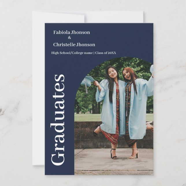 Minimalist script  blue navy double graduation announcement (Front)
