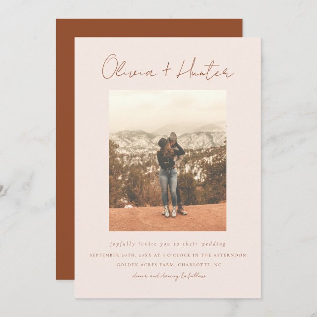 Minimalist Script Boho Terracotta Photo Wedding  Invitation (Front/Back)