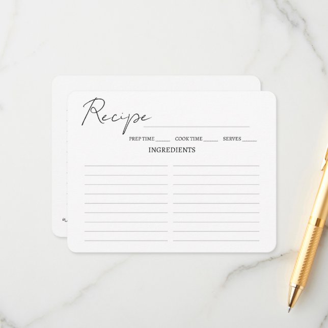 Minimalist Script Bridal Shower Recipe Card. Enclosure Card (Front/Back In Situ)