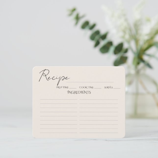 Minimalist Script Bridal Shower Recipe Card. Enclosure Card (Standing Front)