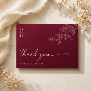 Minimalist Script Burgundy Botanical Wedding Thank You Card