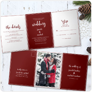 Minimalist Script Burgundy Dark Red Wedding Tri-Fold Invitation