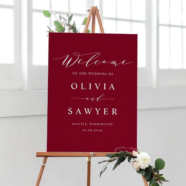 Minimalist Script Burgundy Wedding Welcome Poster (Customizable burgundy minimalist script wedding welcome sign)