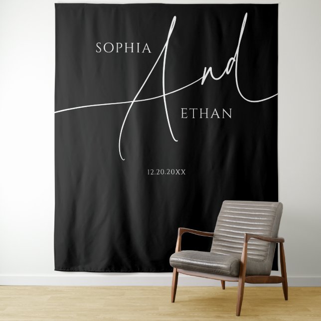 Minimalist Script Calligraphy Black Wedding Tapestry (In Situ)