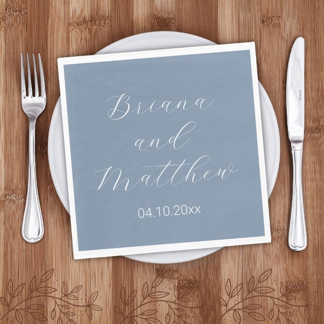 Minimalist Script Calligraphy Dusty Blue Wedding Napkin (Creator Uploaded)