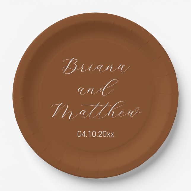 Minimalist Script Calligraphy Terracotta Wedding Paper Plate (Front)