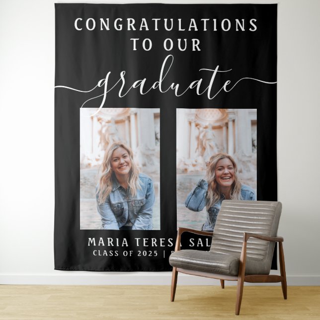 Minimalist Script Calligraphy Two Photo Graduation Tapestry (In Situ)
