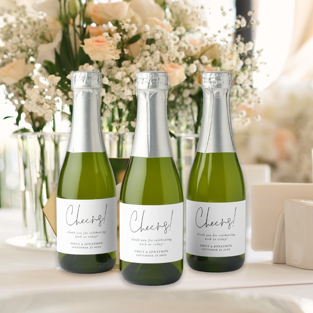 Minimalist Script Cheers Name Wedding favour Sparkling Wine Label (Creator Uploaded)