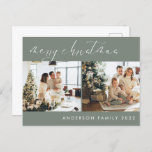 Minimalist Script Christmas Greeting | Sage Green Postcard<br><div class="desc">Minimalist Script Christmas Season's Greeting Card in Sage Green Theme with two family photos you can personalise. Send it to your family and friends this Christmas.</div>