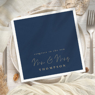 Minimalist Script Congrats Navy Gold Wedding Napkin