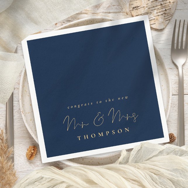 Minimalist Script Congrats Navy Gold Wedding Napkin (Creator Uploaded)