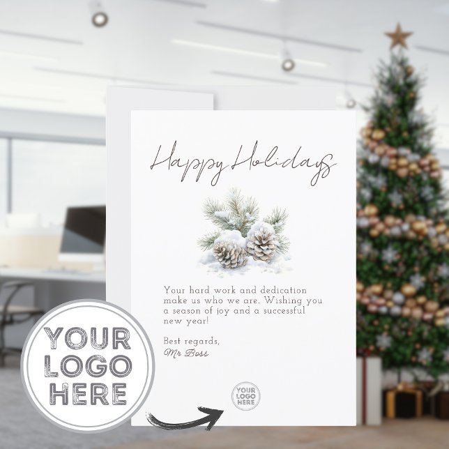 minimalist script, corporate snowy pine cones holiday card (Creator Uploaded)