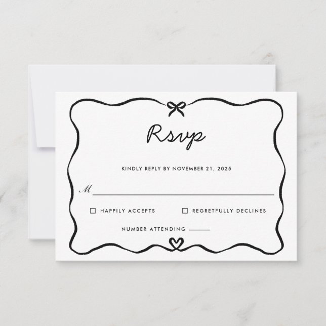 Minimalist Script Cute Bow Heart Frame RSVP Card (Front)