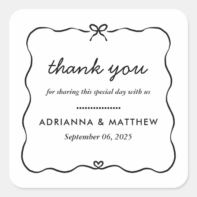 Minimalist Script Cute Bow Heart Frame Thank You Square Sticker (Front)