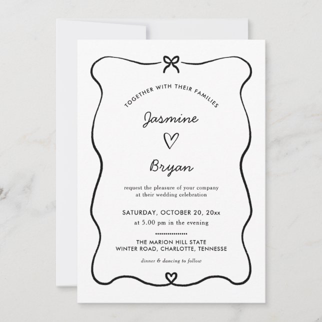 Minimalist Script Cute Bow Heart Frame Wedding Invitation (Front)